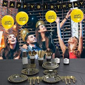 img 2 attached to 🎉 Optimized Search: Gender-Neutral Happy Birthday Decorations in Black and Gold, Complete Disposable Dinnerware Set with Paper Plates, Napkins, Cups, Tablecloth, Banner, Balloons, and Plastic Silverware for Party Supplies