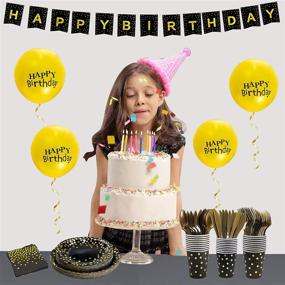 img 1 attached to 🎉 Optimized Search: Gender-Neutral Happy Birthday Decorations in Black and Gold, Complete Disposable Dinnerware Set with Paper Plates, Napkins, Cups, Tablecloth, Banner, Balloons, and Plastic Silverware for Party Supplies