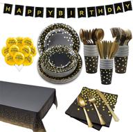 🎉 optimized search: gender-neutral happy birthday decorations in black and gold, complete disposable dinnerware set with paper plates, napkins, cups, tablecloth, banner, balloons, and plastic silverware for party supplies logo