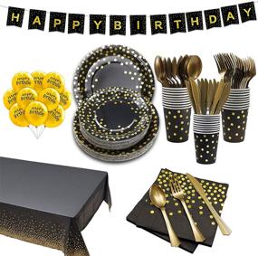 img 4 attached to 🎉 Optimized Search: Gender-Neutral Happy Birthday Decorations in Black and Gold, Complete Disposable Dinnerware Set with Paper Plates, Napkins, Cups, Tablecloth, Banner, Balloons, and Plastic Silverware for Party Supplies