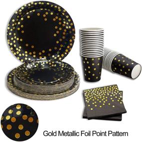 img 3 attached to 🎉 Optimized Search: Gender-Neutral Happy Birthday Decorations in Black and Gold, Complete Disposable Dinnerware Set with Paper Plates, Napkins, Cups, Tablecloth, Banner, Balloons, and Plastic Silverware for Party Supplies