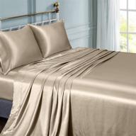 vonty satin sheets queen size - silky soft taupe satin sheet set: 1 fitted sheet, 1 flat sheet, 2 pillowcases with deep pockets logo