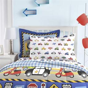 img 3 attached to 🚜 Dream Factory Boys' 5-Piece Bedding Comforter Sheet Set for Trucks, Tractors, and Cars - Twin Size, Blue and Red Multi