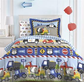 img 4 attached to 🚜 Dream Factory Boys' 5-Piece Bedding Comforter Sheet Set for Trucks, Tractors, and Cars - Twin Size, Blue and Red Multi