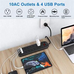 img 3 attached to Распределитель питания с 10 розетками и 4 портами USB для зарядки, Система защиты от перенапряжения 1875 Вт/15 А, 2100 Дж, удлинительный шнур 6,6 футов, плоское вилочное соединение, защита от перегрузки для смартфонов и планшетных компьютеров - Черный