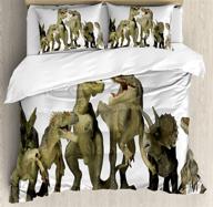 ambesonne dinosaur duvet cover set: jurassic 3d t-rex fossil 🦖 art design, king size bedding with 2 pillow shams - green pearl logo