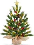 18-inch prelit tabletop mini christmas tree with timer - 30 lights, 8 modes, battery operated - star, red berry, pinecone - realistic artificial small xmas tree - home indoor christmas decoration logo