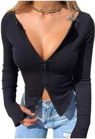 img 2 attached to 👚 Womens Sexy Knit Tops with Long Sleeves - Cute V Neck Zipper Shirts