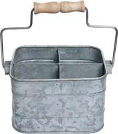 🗳️ rustic galvanized metal storage organizer with handle - flatware container, multi-utility caddy cart with wood grip - portable bin for bathroom, kitchen, garden, office - square shape 9.5x6.75x5 inches logo