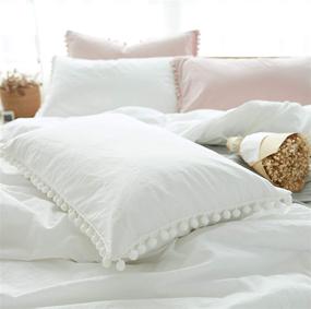 img 1 attached to 🛏️ Softta Girls Bedding: Full Size White Duvet Cover with Ruffle Pom-Fringe Pompoms - Bohemian Style 100% Washed Cotton Bedding Set for Baby, Teen Girls