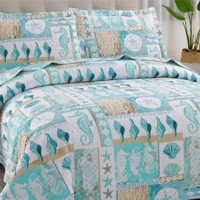 img 3 attached to 🌊 Coastal Cartoon Ocean Bedspread Set in Lake Blue Green: Reversible Reefs, Seahorses, Conches & Seashells for Full/Queen Size Kids Bed, Including Two Pillowcases