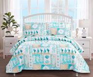 🌊 coastal cartoon ocean bedspread set in lake blue green: reversible reefs, seahorses, conches & seashells for full/queen size kids bed, including two pillowcases logo