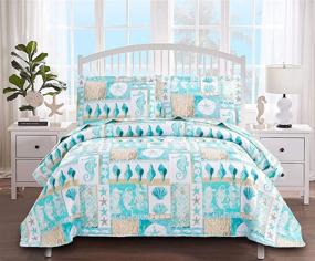 img 4 attached to 🌊 Coastal Cartoon Ocean Bedspread Set in Lake Blue Green: Reversible Reefs, Seahorses, Conches & Seashells for Full/Queen Size Kids Bed, Including Two Pillowcases