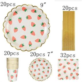 img 3 attached to Полный набор одноразовой посуды на 112 предметов для вечеринки: тарелки, стаканы, трубочки и салфетки - в теме клубники.
