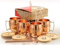 🥃 premium solid copper mugs - set of 4 (gift set) 16 oz - handcrafted hammered copper mugs with bonus copper straws & coasters logo