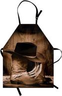 🤠 ambesonne western apron: wild west cowboy hat and old ranching wooden display rodeo style, unisex kitchen bib with adjustable neck for cooks and gardeners, adult size, brown логотип