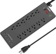 high capacity power strip with 12 outlets & 5 usb ports for multiple devices - etl listed surge protector extension cord (black) logo