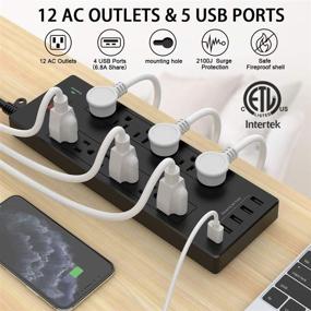 img 3 attached to High Capacity Power Strip with 12 Outlets & 5 USB Ports for Multiple Devices - ETL Listed Surge Protector Extension Cord (Black)