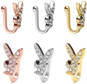 img 4 attached to 🐰 Sparkling 3PCS CZ Nose Clip On: Non-Piercing Bunny Playboy Jewelry