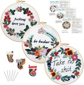 img 4 attached to 🧵 Embroidery Starter Kit for Adults: Louise Maelys Funny Floral Wreath Pattern with 3 Embroidery Hoops – Ideal Needlepoint Kit for Beginners