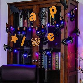 img 1 attached to 🎃 Set of 2 PEIDUO Halloween Purple Banner String Lights with Black Cats and Bats Ornaments - Battery Powered Fairy Lights Decoration for Halloween Bedroom Party Decorations - Purple LED Hanging Lights