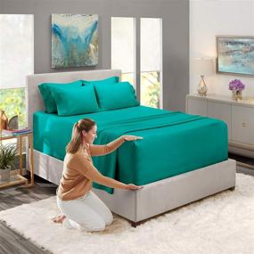 img 2 attached to 🛏️ Extra Deep Pocket Teal Queen Bed Sheet Set, Fits Mattress up to 21 inches Depth, Breathable, Super Soft, Includes Extra Pillowcases