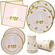 girls first birthday party supplies: pink and gold dot themed tableware set with plates, cups, napkins - perfect for 1st baby girl one year old celebration - disposable paper goods logo