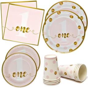 img 4 attached to Girls First Birthday Party Supplies: Pink and Gold Dot Themed Tableware Set with Plates, Cups, Napkins - Perfect for 1st Baby Girl One Year Old Celebration - Disposable Paper Goods