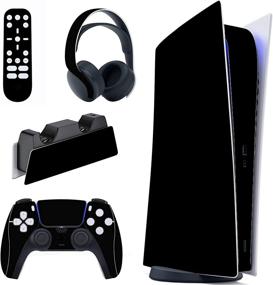 img 4 attached to 🎮 Повысьте своё игровое впечатление на PS5 с помощью набора PlayVital Black Full Set Skin Decal: наклейки на консоль, контроллер, зарядную станцию, наушники и пульт дистанционного управления из виниловой наклейки