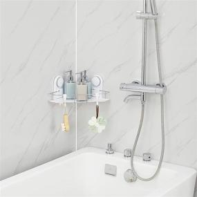 img 2 attached to YIFINY Wall Mounted Shower Caddy with Suction Cups, Corner Shower Basket Organizer with Two Hooks, No-Drill & Removable, for Bathroom & Kitchen, ABS+Stainless Steel - White