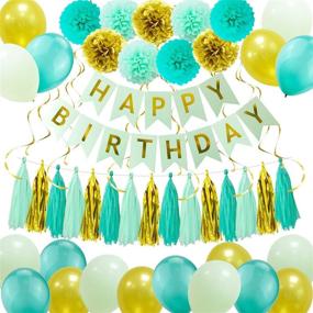 img 4 attached to 🎉 Mint, Gold & Green Birthday Party Decorations - Happy Birthday Banner, Balloons, Paper Pom Poms Flowers, Hanging Swirls, Tissue Paper Tassel Garland - Unique Girls' Birthday Decor