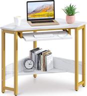 прочный угловой письменный стол с металлической рамой, гладкой выдвижной полкой для клавиатуры и полочками для хранения - компьютерная рабочая станция odk triangle с мраморной столешницей. логотип