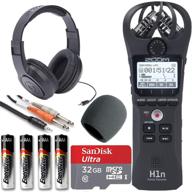 🎥 zoom h1n handy recorder bundle with on stage windscreen, sandisk ultra 32gb card, cable, samson headphones, and energizer aaa batteries in black logo