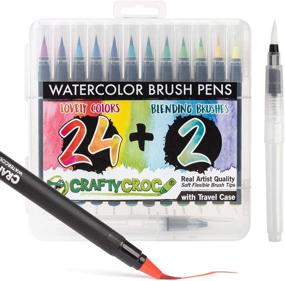 img 4 attached to Watercolor Brush Pens - 24 Vibrant Watercolor Markers with Real Nylon Tips for Painting and Hand Lettering | Includes Travel Case and 2 Water Blending Brushes
