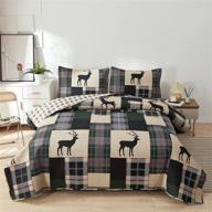 🏕️ rustic cabin full/queen quilt set - plaid patchwork bedding with moose and deer print - soft lightweight reversible coverlet and bedspread - beige gingham grid design - all season bed sheet - includes 1 quilt and 2 pillow shams logo