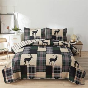 img 4 attached to 🏕️ Rustic Cabin Full/Queen Quilt Set - Plaid Patchwork Bedding with Moose and Deer Print - Soft Lightweight Reversible Coverlet and Bedspread - Beige Gingham Grid Design - All Season Bed Sheet - Includes 1 Quilt and 2 Pillow Shams