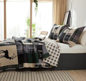 img 2 attached to 🏕️ Rustic Cabin Full/Queen Quilt Set - Plaid Patchwork Bedding with Moose and Deer Print - Soft Lightweight Reversible Coverlet and Bedspread - Beige Gingham Grid Design - All Season Bed Sheet - Includes 1 Quilt and 2 Pillow Shams