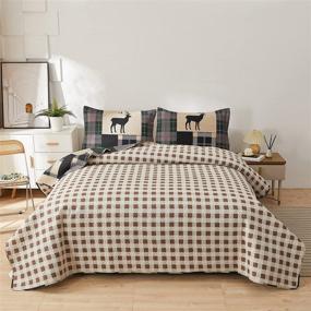 img 3 attached to 🏕️ Rustic Cabin Full/Queen Quilt Set - Plaid Patchwork Bedding with Moose and Deer Print - Soft Lightweight Reversible Coverlet and Bedspread - Beige Gingham Grid Design - All Season Bed Sheet - Includes 1 Quilt and 2 Pillow Shams
