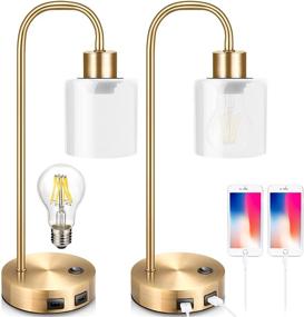 img 4 attached to 🌟 Urophylla Gold Industrial Table Lamps for Bedrooms Set of 2 - Elizabeth Vintage Bedside Lamp with USB Port, Brass Metal Nightstand, Modern Desk with Dimmable Edison Bulb, Glass Shade for Living Room, Office - Stylish Illumination for Your Space