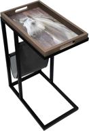 🐴 qingshan c shape tray table: space-saving sofa side table with removable decorative tray top and storage pocket - ideal for tv snacks and small living spaces (black, horse design) logo