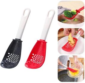 img 4 attached to 🍴 2PCS Multifunctional Kitchen Cooking Spoon Set: Skimmer, Slotted Spoon, Colander, Strainer, Grater, Masher, Garlic Press Crusher - Black and Red