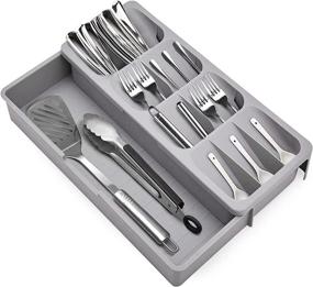 img 4 attached to 🔪 Kitchen Drawer Organizer - Silverware Storage Tray Box for Cutlery, Spoons, Knives, and Forks - Gray Partition Storage