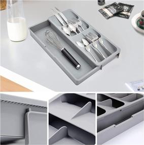 img 3 attached to 🔪 Kitchen Drawer Organizer - Silverware Storage Tray Box for Cutlery, Spoons, Knives, and Forks - Gray Partition Storage