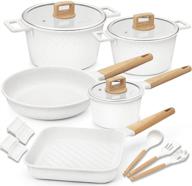 🍳 premium non-stick scratch resistant cookware set - 100% pfoa free induction aluminum pots and pans with utensil pack - 15 piece set (white) logo