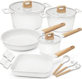 img 4 attached to 🍳 Premium Non-Stick Scratch Resistant Cookware Set - 100% PFOA Free Induction Aluminum Pots and Pans with Utensil Pack - 15 Piece Set (White)