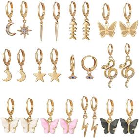 img 4 attached to 👂 Set of 9/10/12 Gold Pairs of Small Hoop Earrings with Charms - Set of Silver Mini Hoop Dangle Earrings with Charms - Set of Huggie Hoop Earrings for Women and Teen Girls