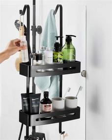 img 1 attached to 🚿 2-Tier Hanging Shower Caddy with Hook and Basket for Bathroom Storage - Over The Door Shower Organizer, Aluminum Shower Shelf Rack (Black)