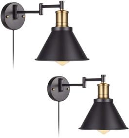 img 4 attached to Swing Arm Wall Sconce with Plug-in Cord and Switch, Black and Bronze Finish, Industrial Bedroom and Living Room Wall Mounted Lamp (2-Pack)