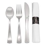 🍴 premium quality pre-rolled disposable plastic cutlery kit with silver fork/knife/spoon and 3-ply white napkin - 300 rolls per case logo