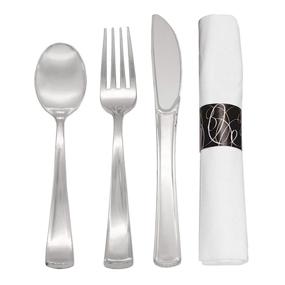 img 4 attached to 🍴 Premium Quality Pre-Rolled Disposable Plastic Cutlery Kit with Silver Fork/Knife/Spoon and 3-Ply White Napkin - 300 Rolls per Case